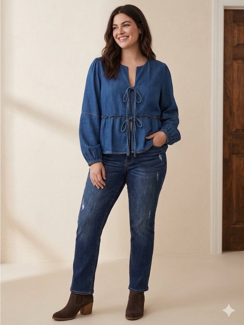 Velvet Heart Denim-Look Tie-Front Blouse - Blue